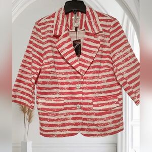 M/L🌷Retro Red & White Striped Blazer with Notched Lapels